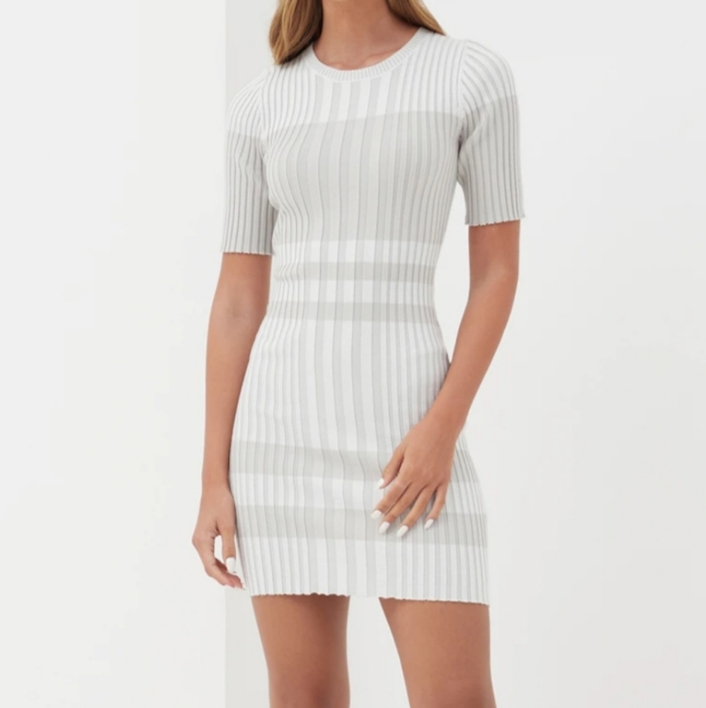 Beige and White Ribbed Mini Dress